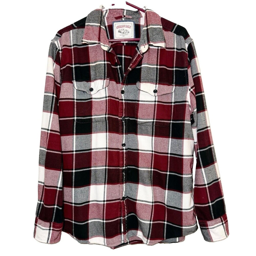 American Eagle Men’s XL Red Black White Plaid Flannel Shirt 100% Cotton